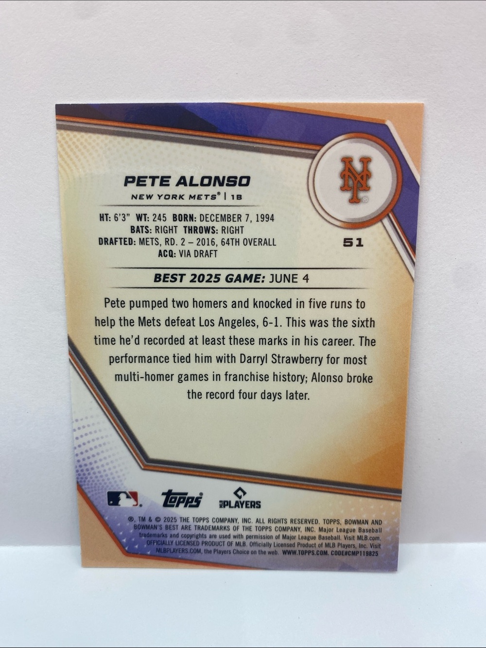 2025 Bowman’s Best Pete Alonso Mets #51 SN 266/350 (004) - Picture 3 of 3